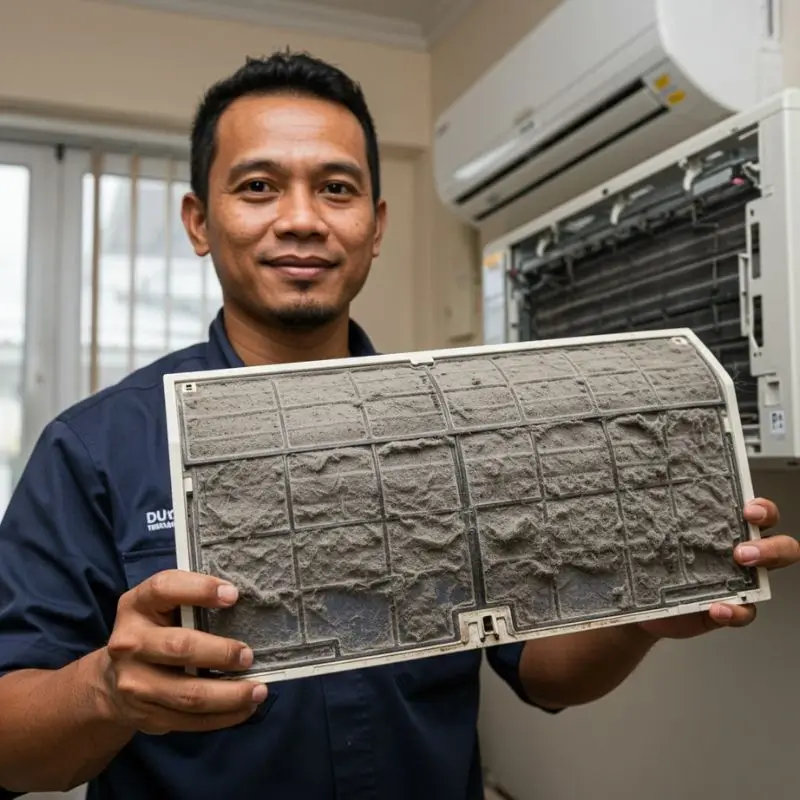 Coil aircond sebelum dicuci – penuh habuk