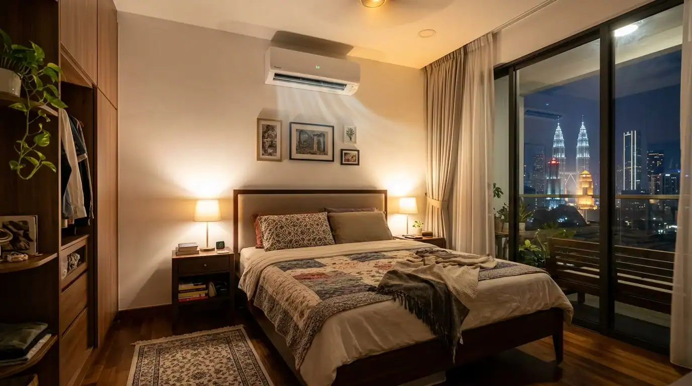 Unit indoor Acson Inverter dengan sistem penapisan udara ioniser di dinding bilik tidur