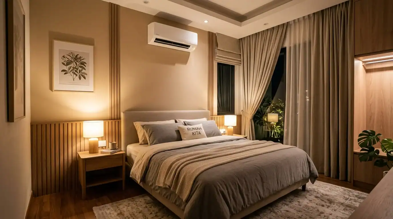 Bilik tidur utama selesa dengan unit aircond 1.0 HP inverter di dinding