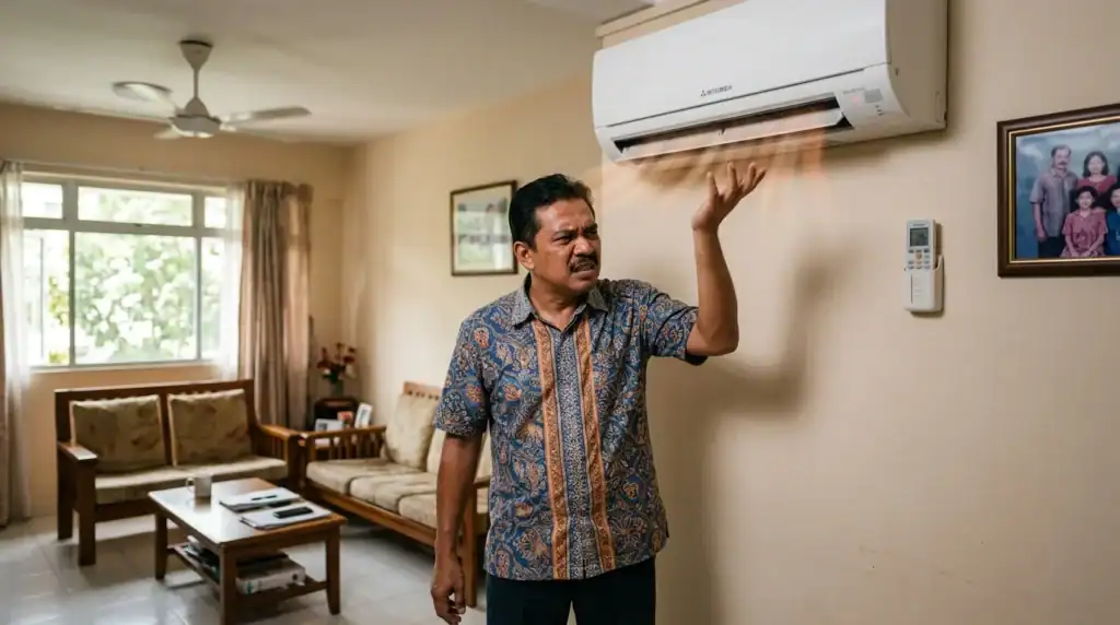 Penghuni rumah berasa kecewa apabila penyaman udara mengeluarkan hembusan angin panas