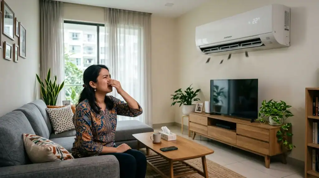 Penghuni rumah menutup hidung kerana aircond bau hapak dan masam semasa dihidupkan