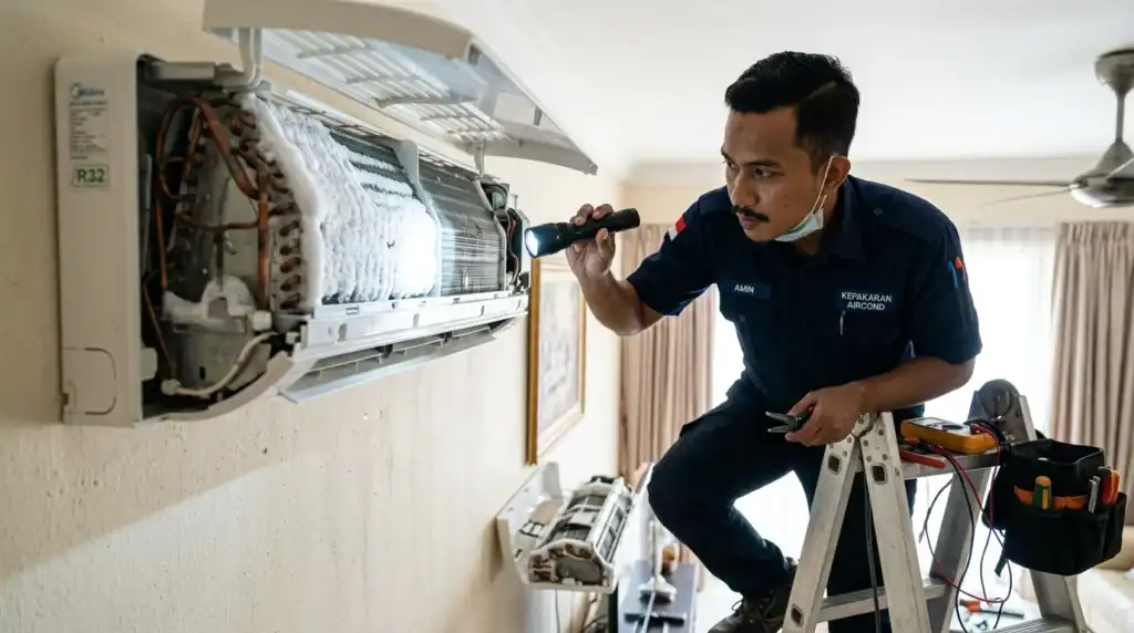 Juruteknik Melayu memeriksa lapisan ais tebal pada sirip gegelung cooling coil fancoil indoor