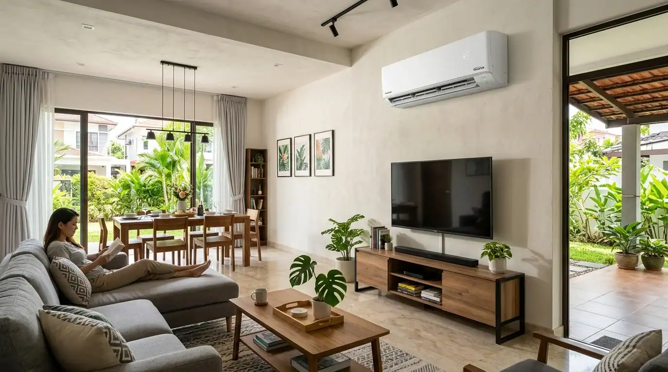 Ruang tamu dan ruang makan terbuka dipasang unit aircond 2.0 HP inverter
