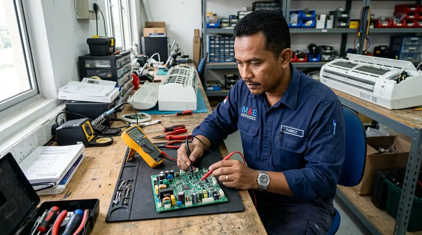 Juruteknik memeriksa papan litar elektronik dan motor kipas alat ganti tulen di bengkel
