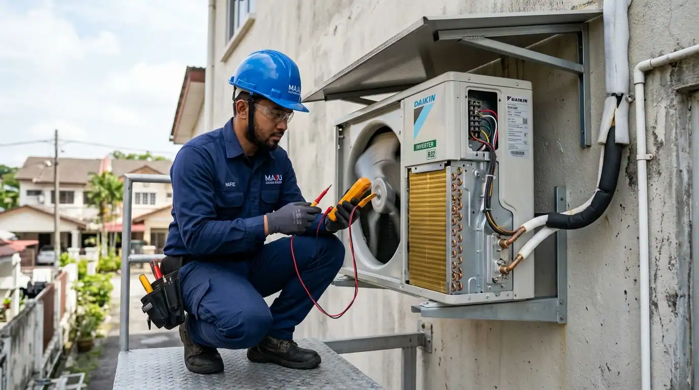 Juruteknik Melayu memeriksa unit outdoor Daikin Inverter dengan sirip gegelung tahan karat