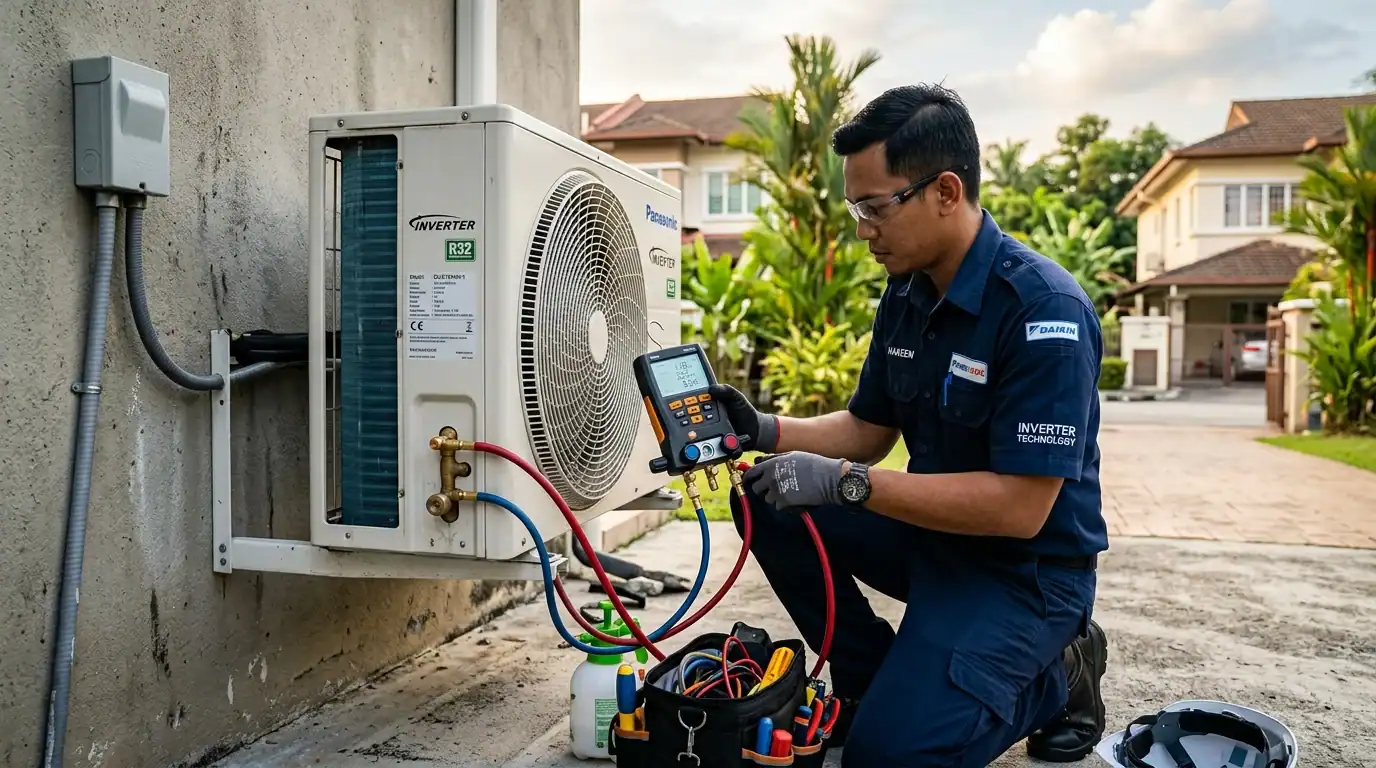 Juruteknik Melayu memeriksa unit outdoor kompresor inverter yang beroperasi lancar dan senyap