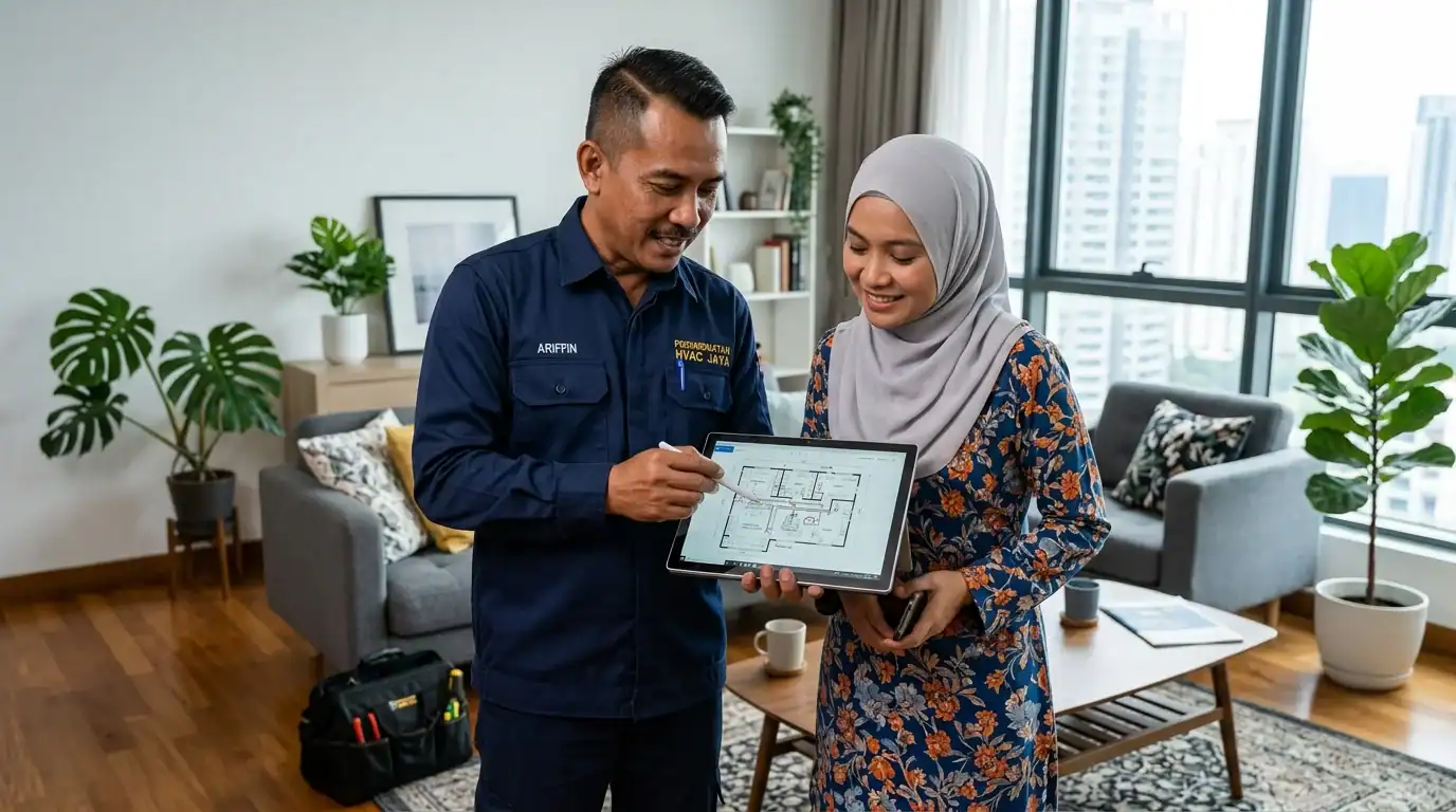 Juruteknik Melayu berbincang pelan saiz bilik dan formula BTU aircond bersama pemilik rumah