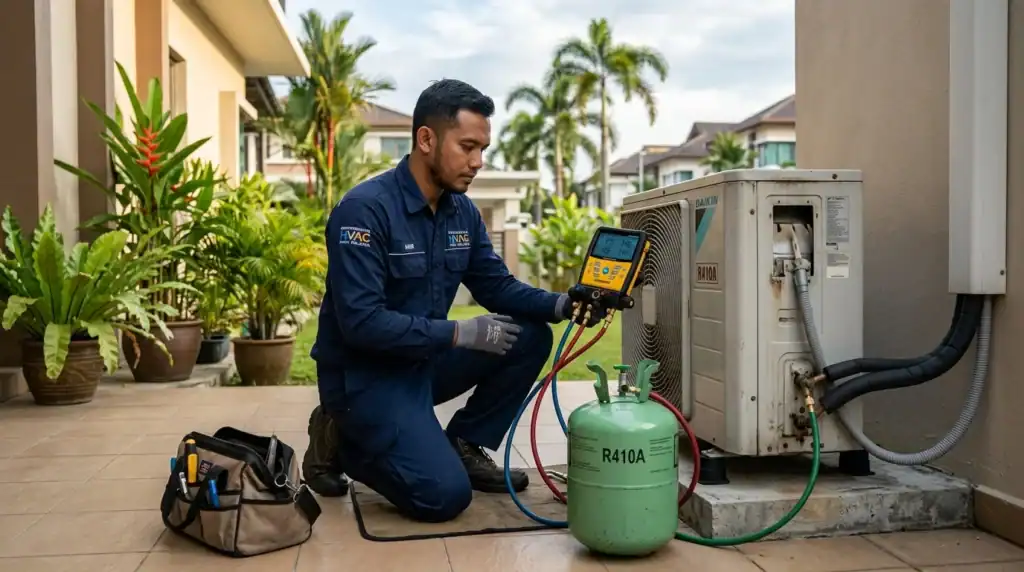 Juruteknik Melayu menyemak tekanan gas refrigerant outdoor unit menggunakan manifold gauge digital