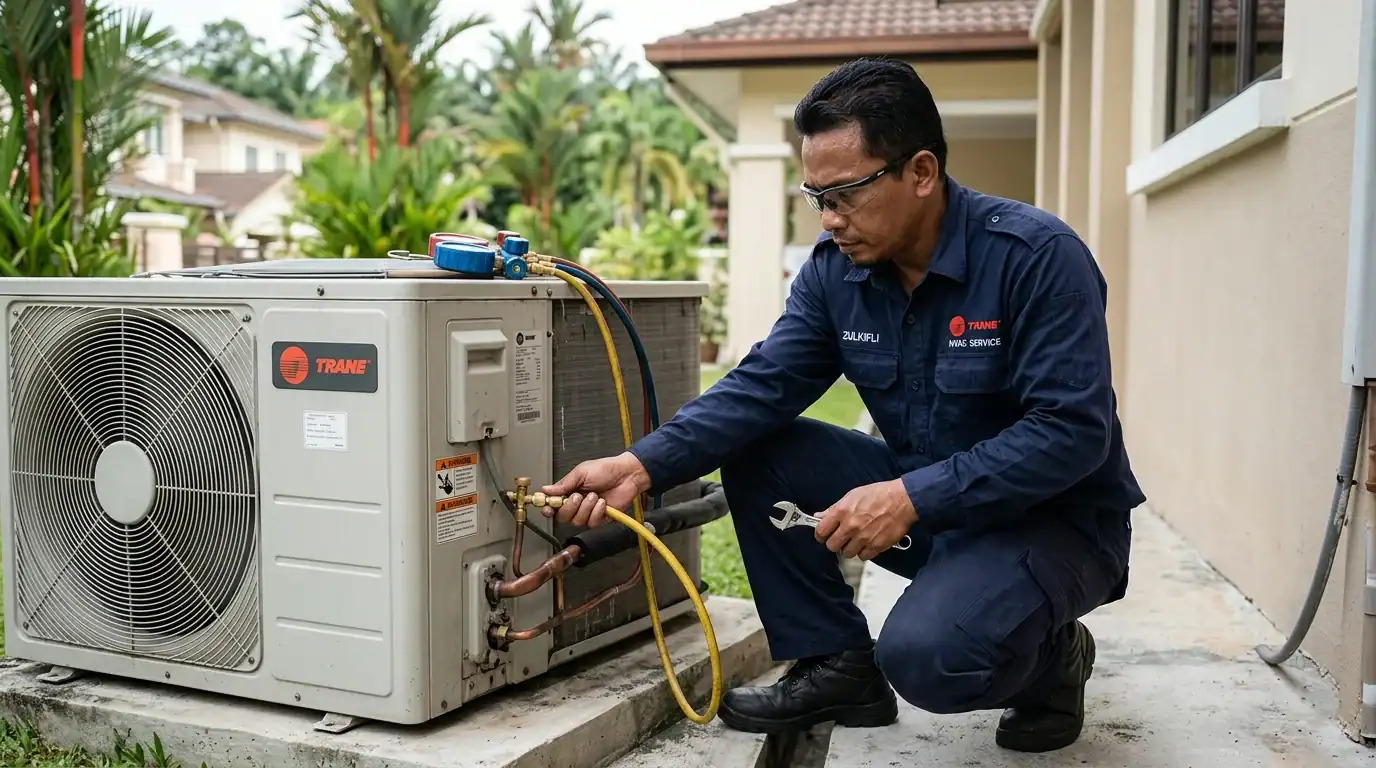 Juruteknik menyambung hos manifold ke injap servis unit outdoor untuk pengisian gas