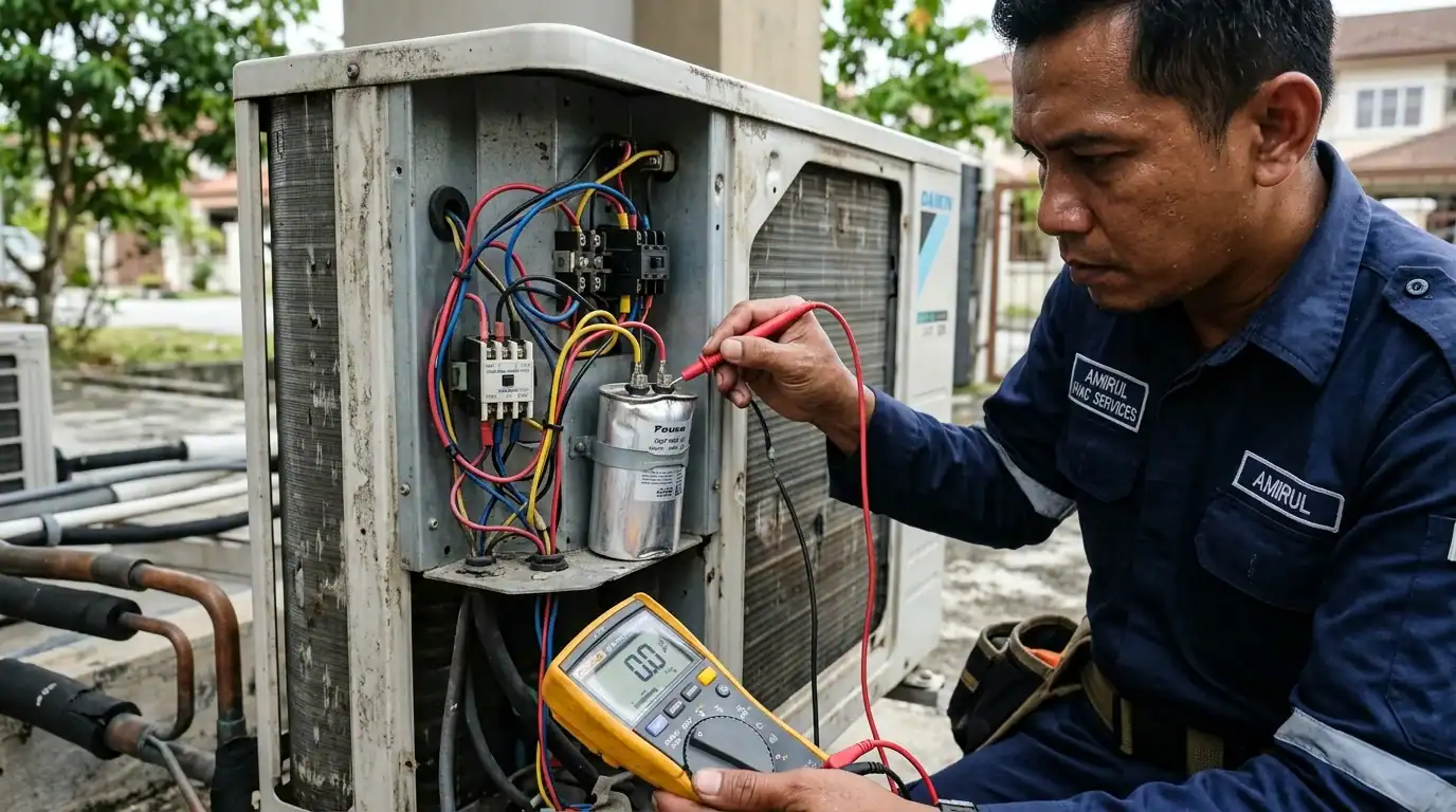 Juruteknik Melayu menguji kapasitor kembung pada unit outdoor aircond dengan multimeter digital