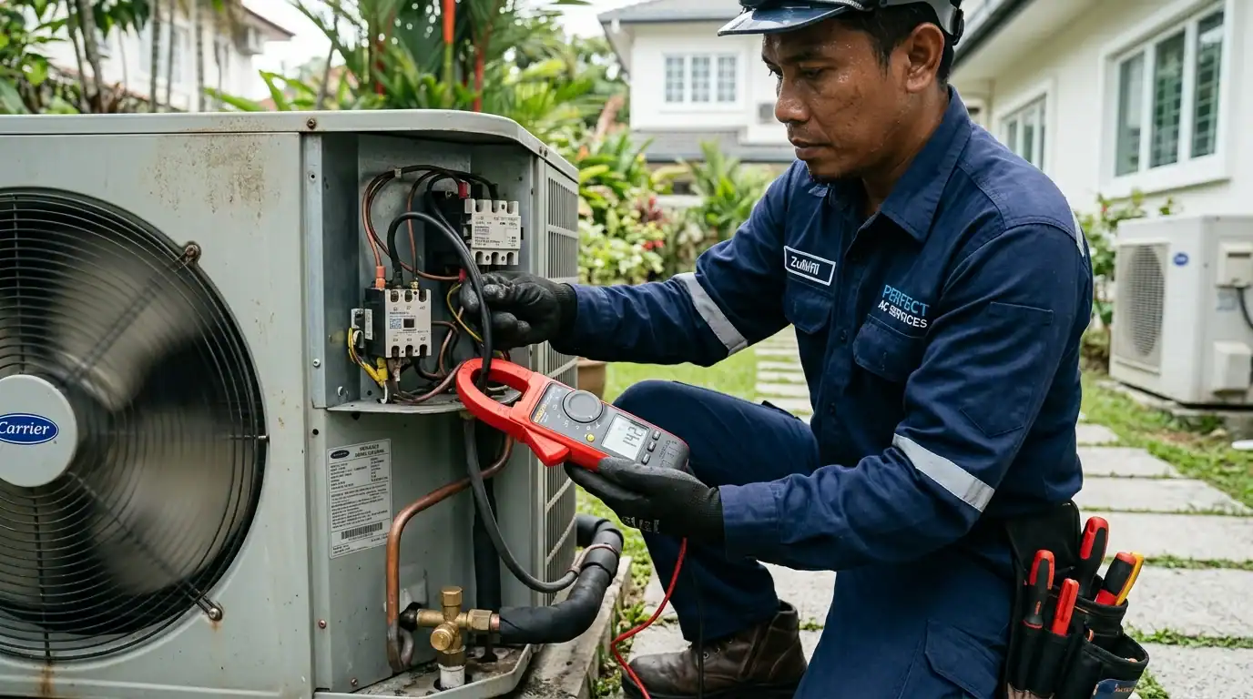 Juruteknik mengukur bacaan amp kompresor bagi mengesan masalah beban lampau elektrik