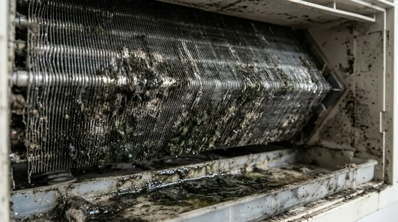 Kulat hitam dan lendir tebal terkumpul pada sirip gegelung cooling coil fancoil indoor