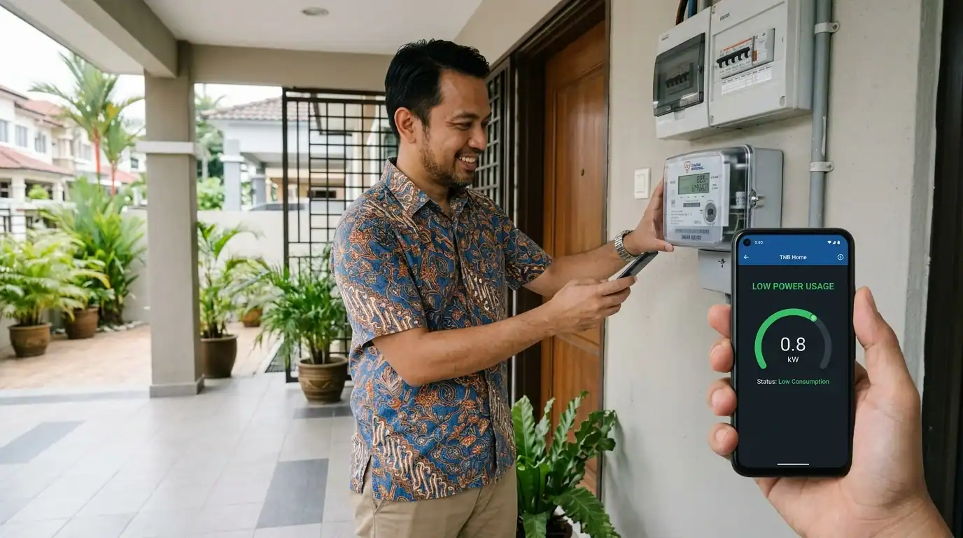 Pemilik rumah menyemak bacaan meter elektrik digital yang menunjukkan penggunaan tenaga rendah