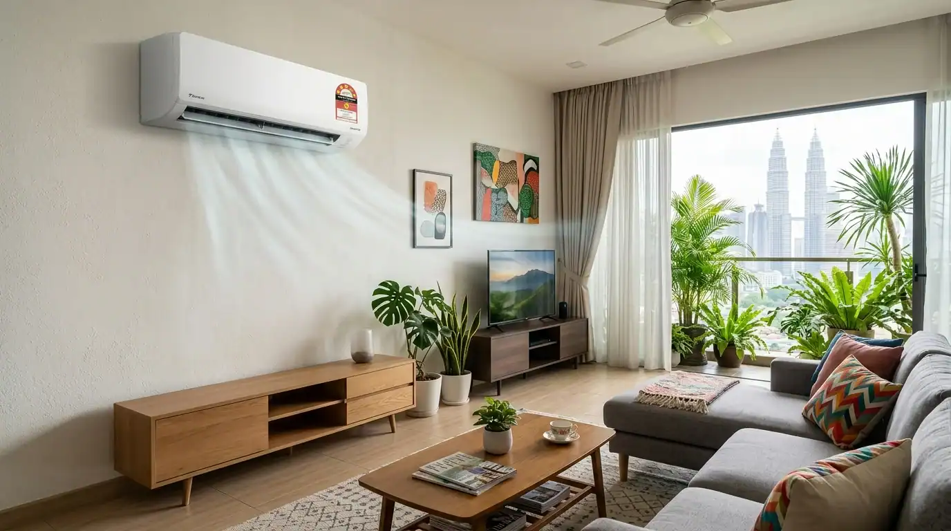 Unit indoor fancoil Midea Inverter terpasang kemas di ruang tamu kediaman moden