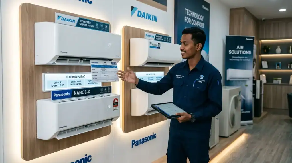 Juruteknik Melayu membandingkan ciri unit penyaman udara Daikin dan Midea di bilik pameran