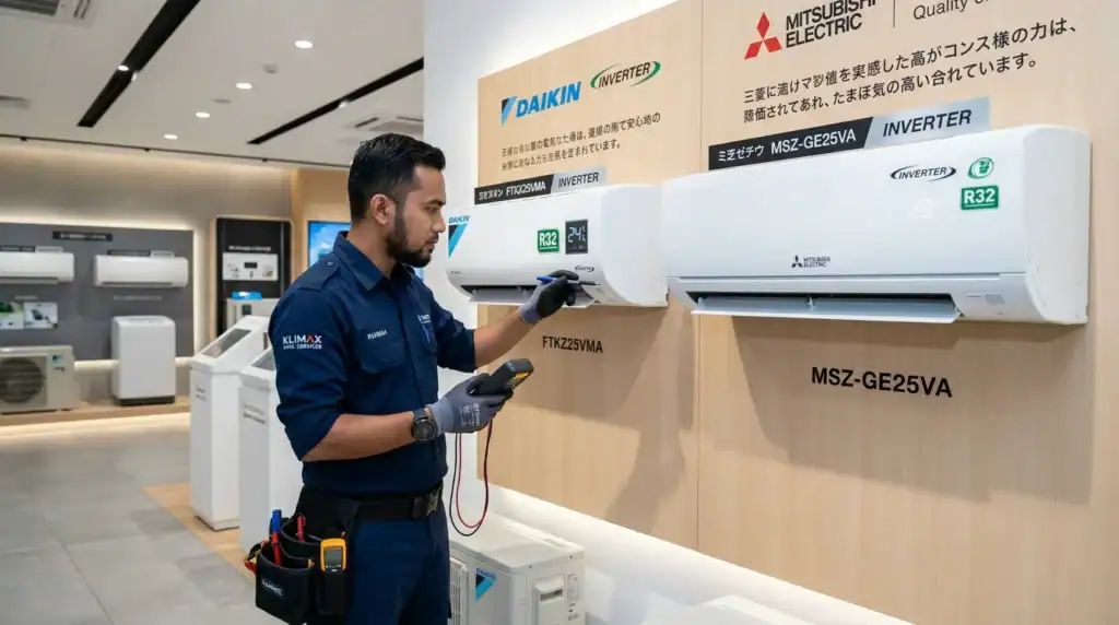 Juruteknik Melayu menyemak dan membandingkan unit penyaman udara Mitsubishi Electric dan Daikin