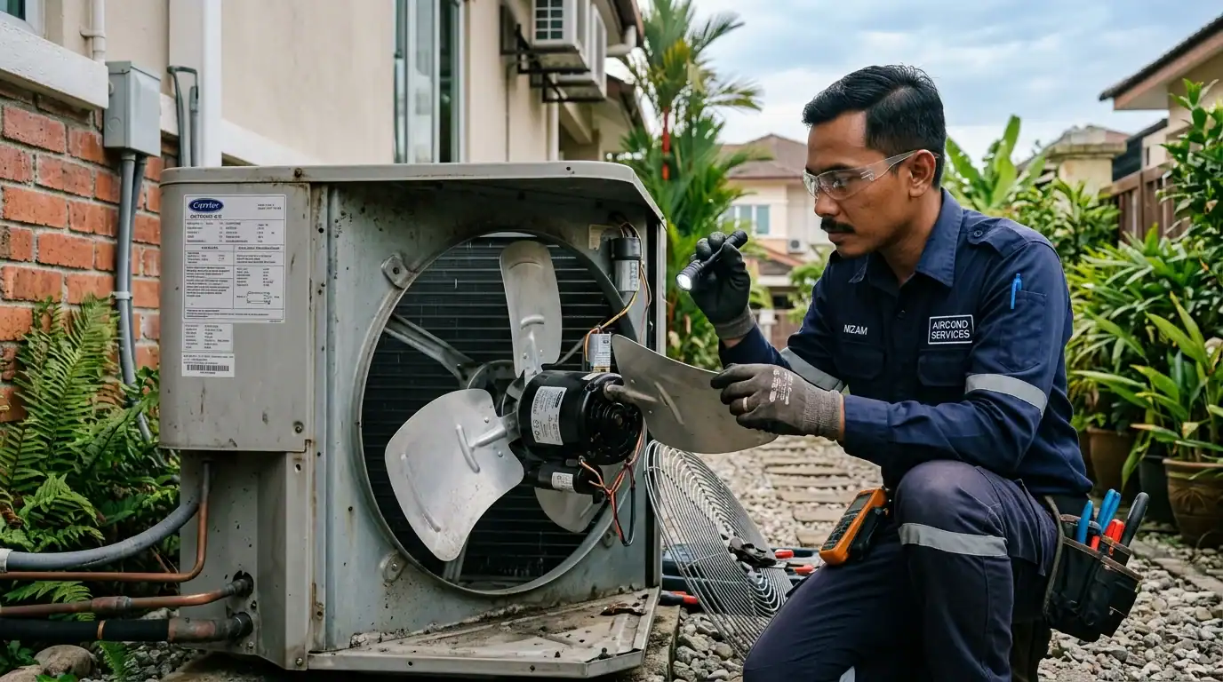 Juruteknik menyemak bilah kipas outdoor dan motor fan yang pusing perlahan