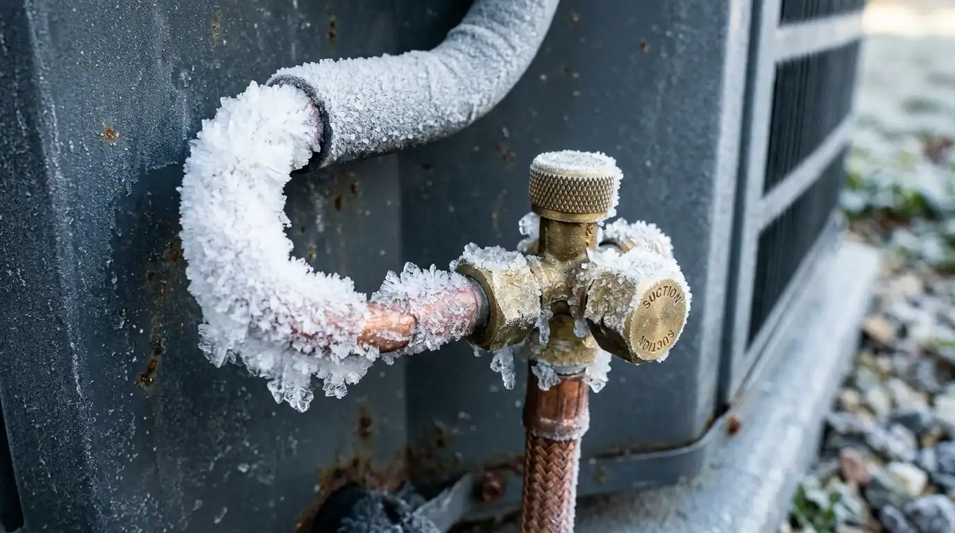 Injap sedutan dan paip tembaga outdoor dilitupi fros ais beku berwarna putih