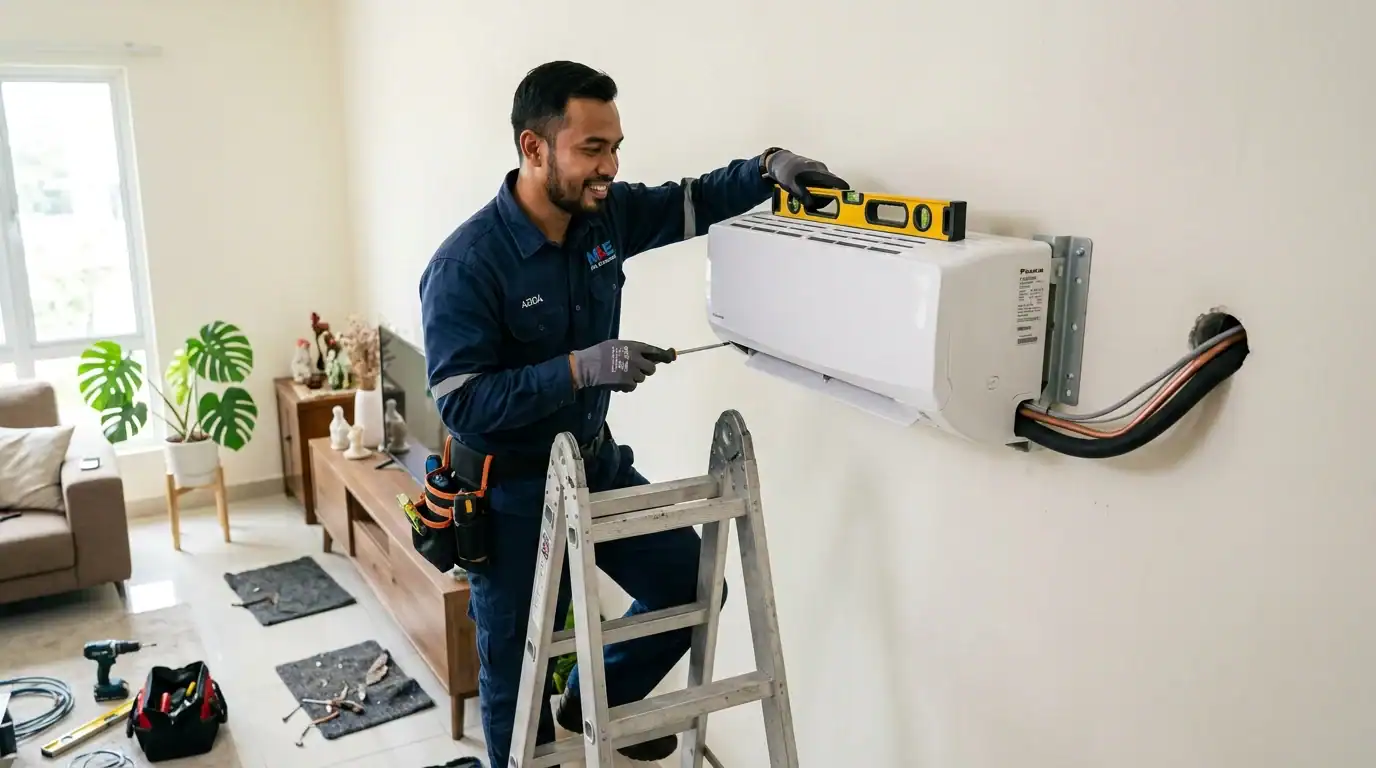 Juruteknik Melayu bertauliah Adimada memasang unit split aircond di kediaman Selangor