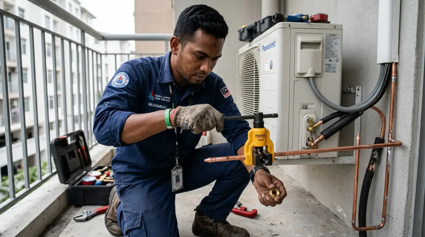 Juruteknik membuat flaring paip kuprum dengan alat flare tool bagi mengelakkan kebocoran gas
