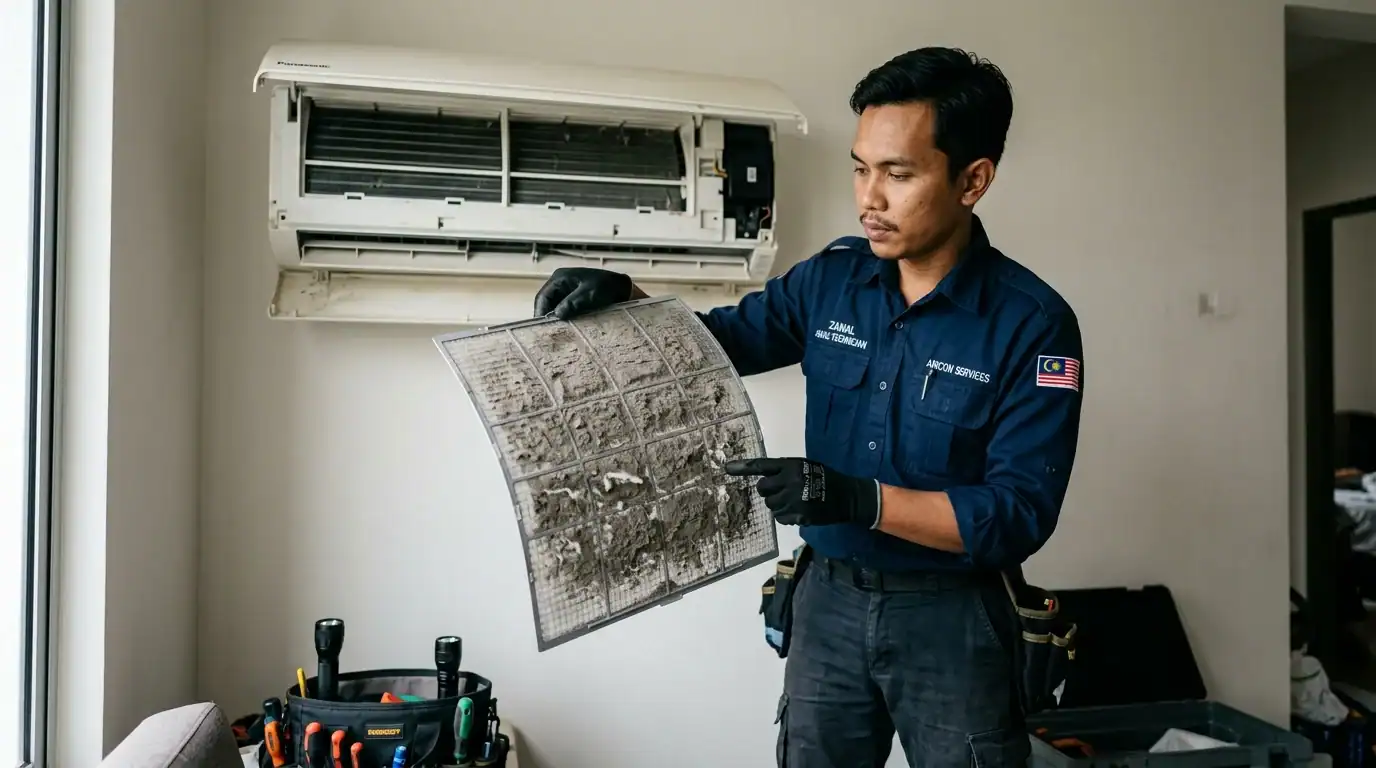 Juruteknik menunjukkan jaring penapis habuk tersumbat tebal yang menyekat aliran angin