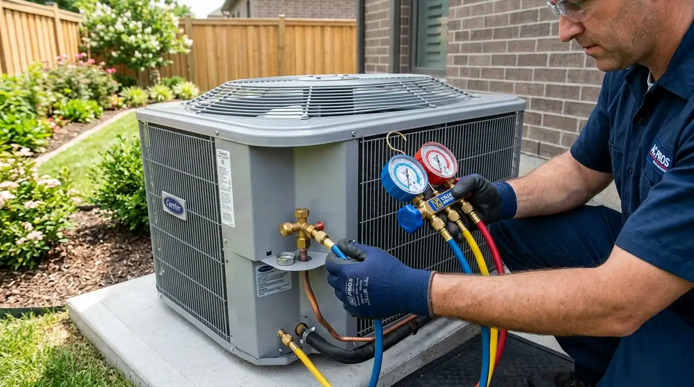 Pemeriksaan Tekanan Gas Aircond Bocor Juruteknik menyambung manifold pressure gauge untuk uji kebocoran gas aircond
