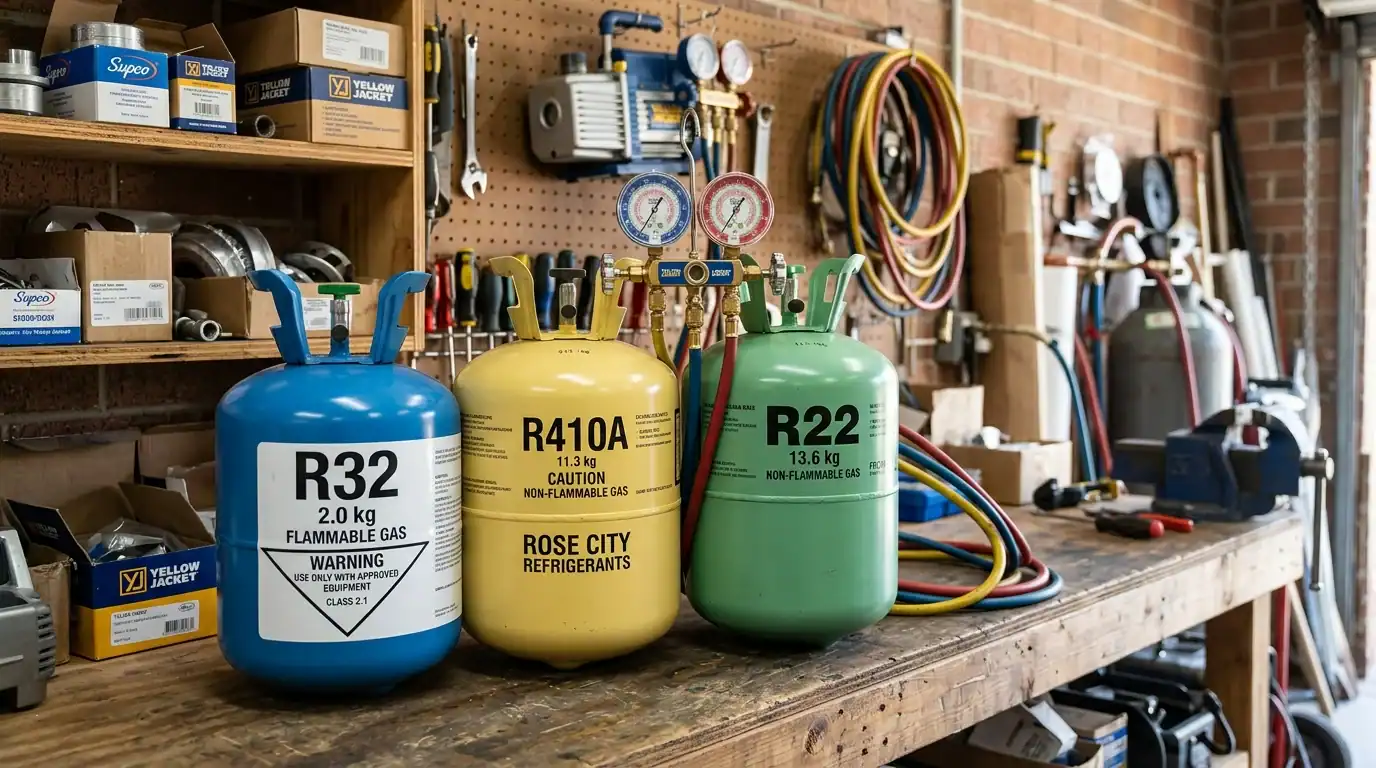 Barisan silinder gas penyejuk R32 R410A dan R22 bersama tolok manifold di bengkel servis