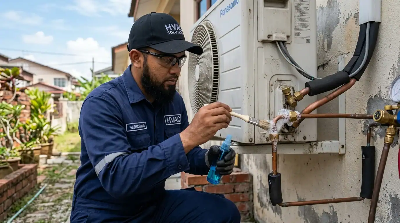 Juruteknik Melayu menjalankan ujian buih sabun pada sambungan flare nut paip kuprum