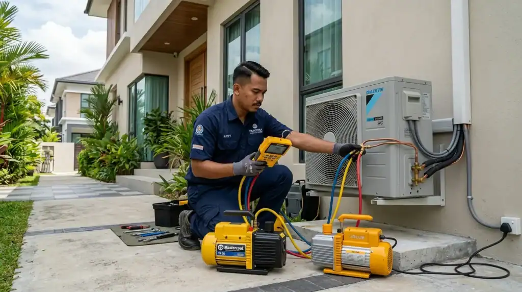 Juruteknik Melayu menyambung pam vakum dan manifold gauge pada injap outdoor aircond baru
