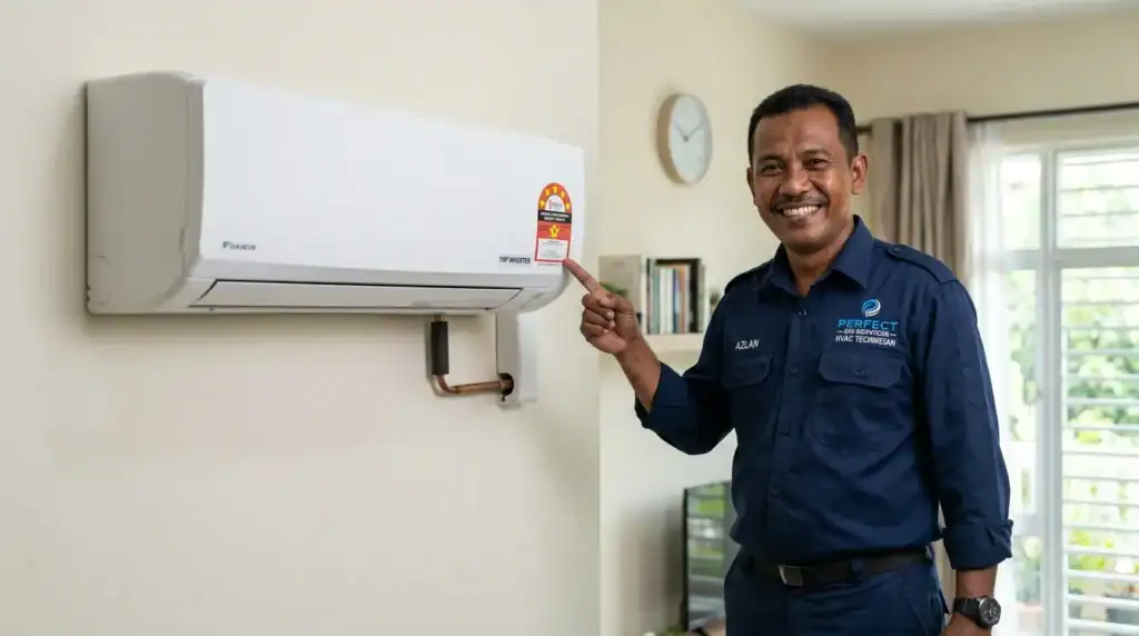 Juruteknik Melayu menunjukkan label penarafan 5 bintang penjimatan tenaga pada unit aircond 1HP inverter