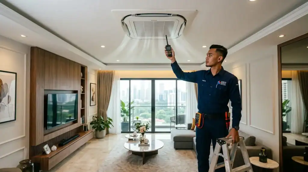 Perbandingan rekaan penyaman udara siling cassette 4-way dan fancoil wall mounted di ruang tamu rumah moden