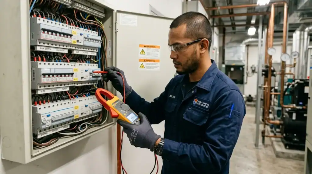 Juruteknik Melayu menguji suis keselamatan pemutus litar ELCB kotak fius menggunakan alat clamp meter