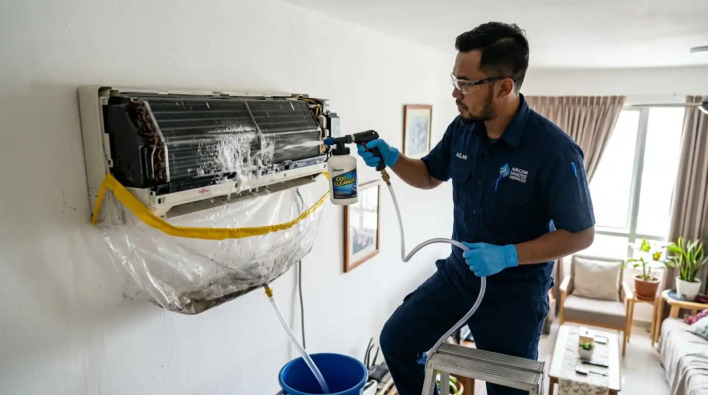 Juruteknik menyembur bahan kimia pelarut kulat pada cooling coil menggunakan pelindung kalis air