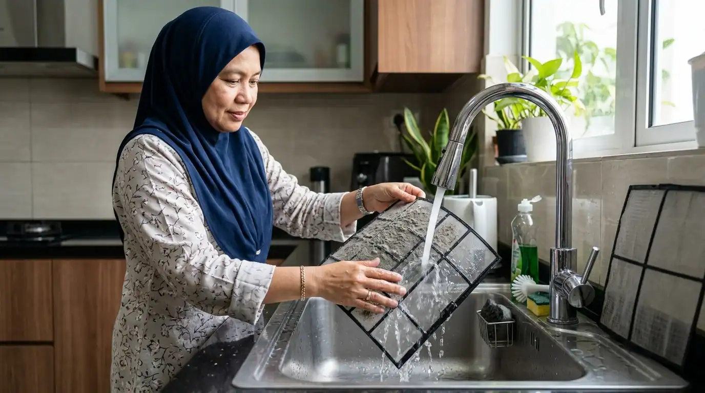 Pemilik rumah mencuci jaring penapis habuk aircond di bawah aliran air paip sinki