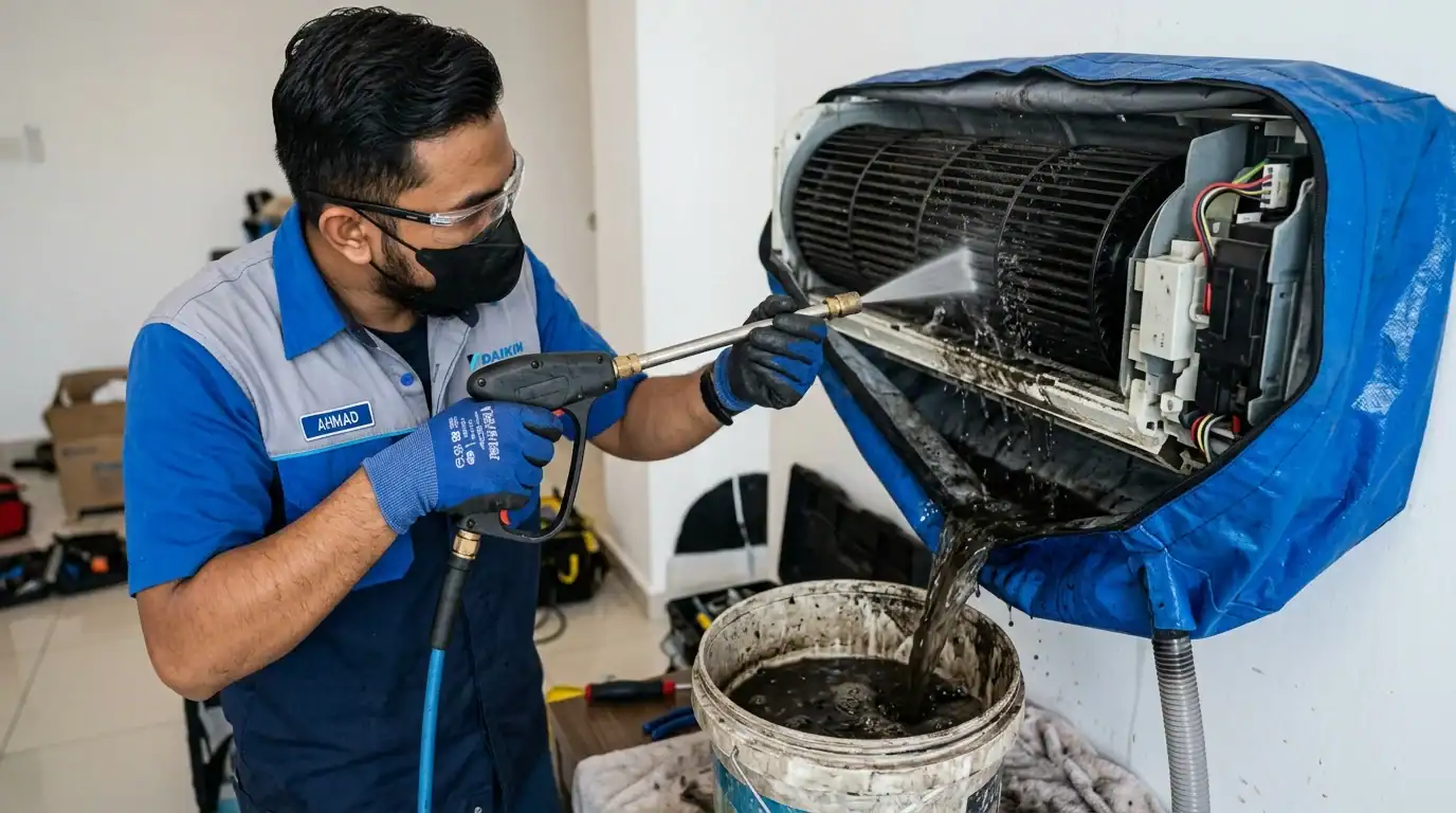 Teknik pembersihan waterjet bertekanan mengeluarkan daki hitam daripada roda blower aircond secara kemas