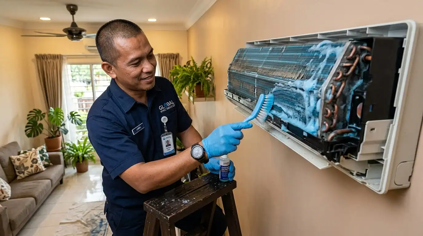 Pembersihan kimia berbuih dan memberus sirip aluminium fancoil yang tersumbat daki habuk di Klang