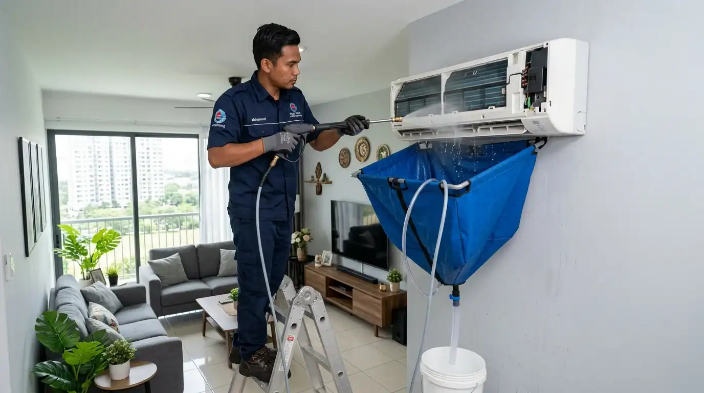 Juruteknik melakukan cucian kimia fancoil unit pendingin hawa menggunakan sarung beg tadahan air khas di sebuah rumah di Puchong