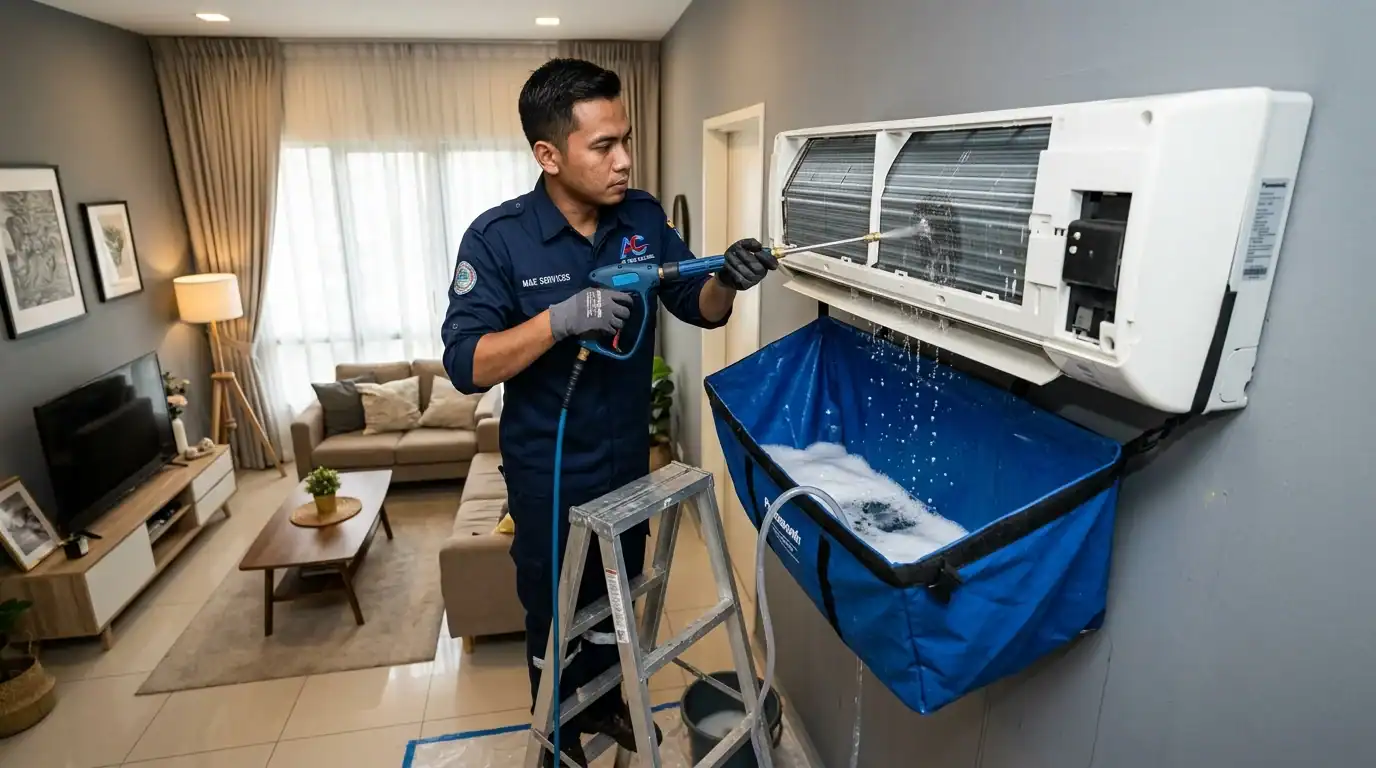 Juruteknik melakukan cucian kimia waterjet fancoil menggunakan canvas bag kalis air kemas di ruang tamu