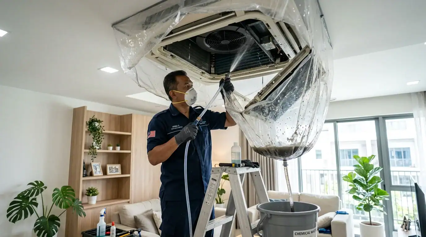 Servis Chemical Overhaul Unit Aircond Ceiling Cassette Juruteknik bertauliah melakukan cucian kimia unit ceiling cassette menggunakan sarung khas tadahan air cucian siling