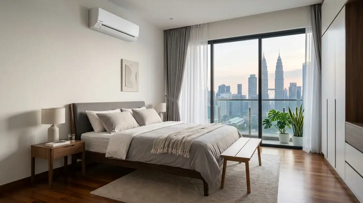 Bilik tidur moden dilengkapi unit penyaman udara 1HP inverter yang beroperasi senyap dan nyaman
