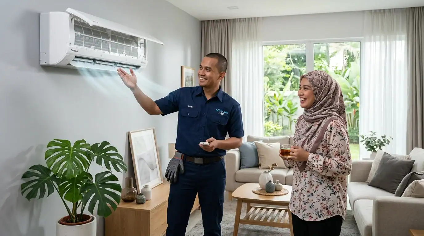 Juruteknik menerangkan fancoil yang bersih dan sejuk kepada pemilik rumah selepas servis selesai