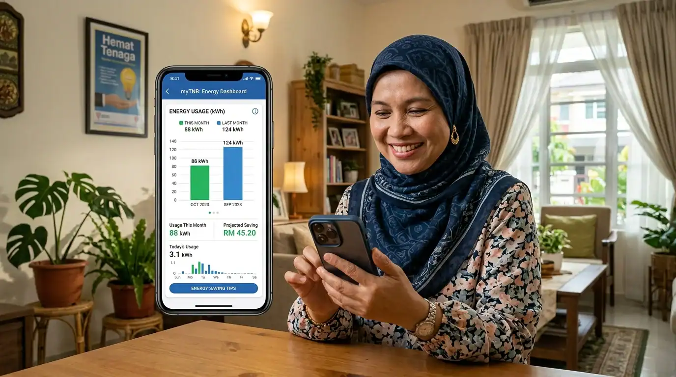 Aplikasi pintar telefon menunjukkan kadar penggunaan elektrik bulanan yang jauh lebih rendah dan jimat