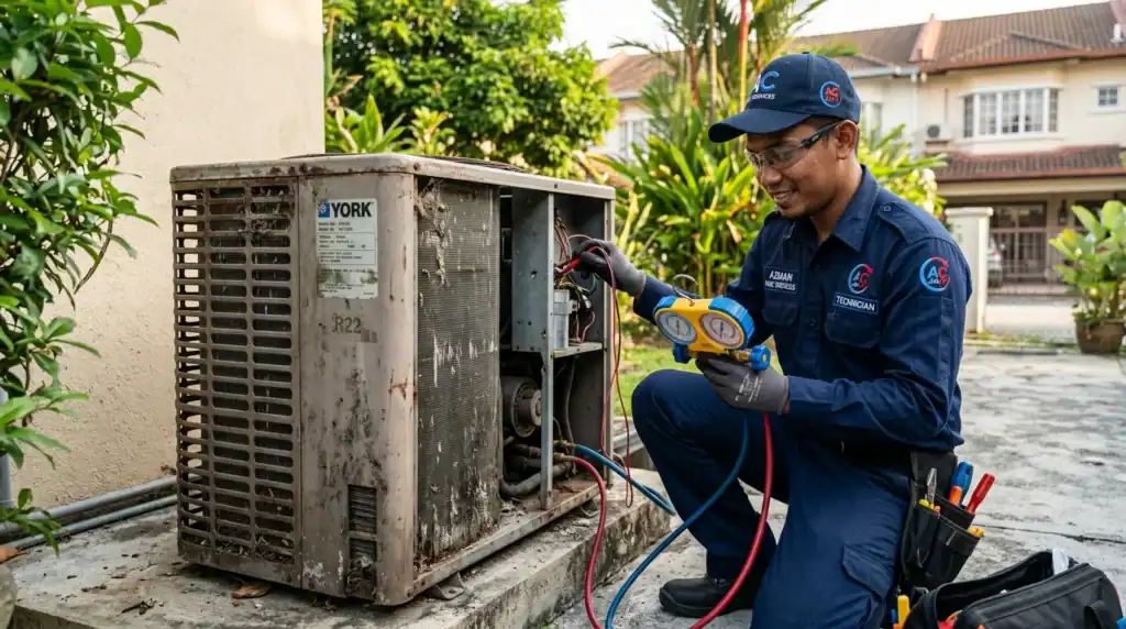 Juruteknik Melayu memeriksa unit outdoor aircond lama bagi menilai tahap jangka hayat kompresor