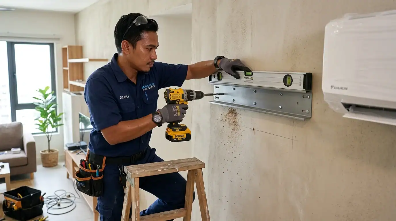 Juruteknik Melayu memasang plat pemegang fancoil 1HP menggunakan alat spirit level dan gerudi bateri