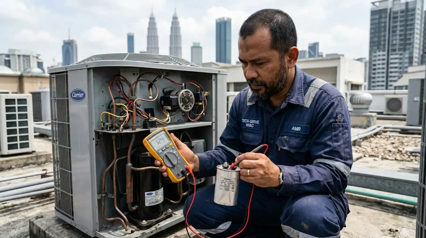 Juruteknik menguji kapasitor aircond yang kembung dan rosak menggunakan multimeter digital