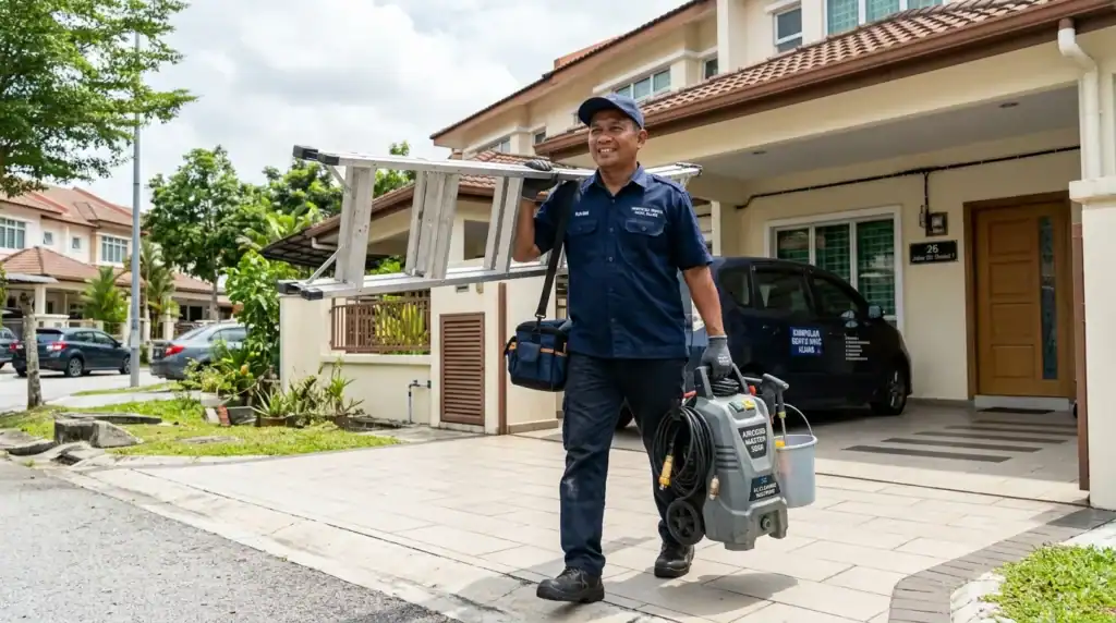 Juruteknik Melayu Adimada membawa peralatan waterjet dan tangga servis di hadapan rumah teres kawasan Klang