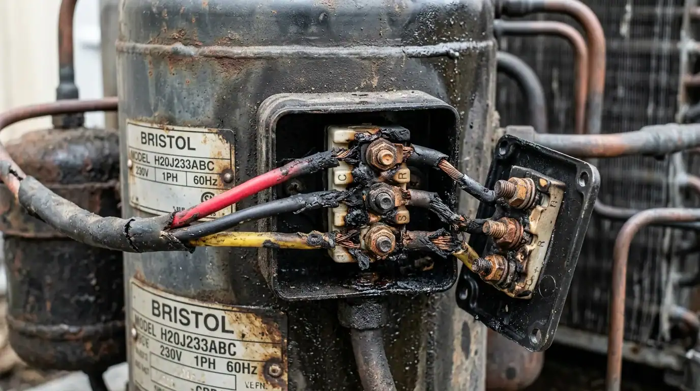 Penyambung wayar elektrik pada kompresor outdoor hangus terbakar menyebabkan fius trip