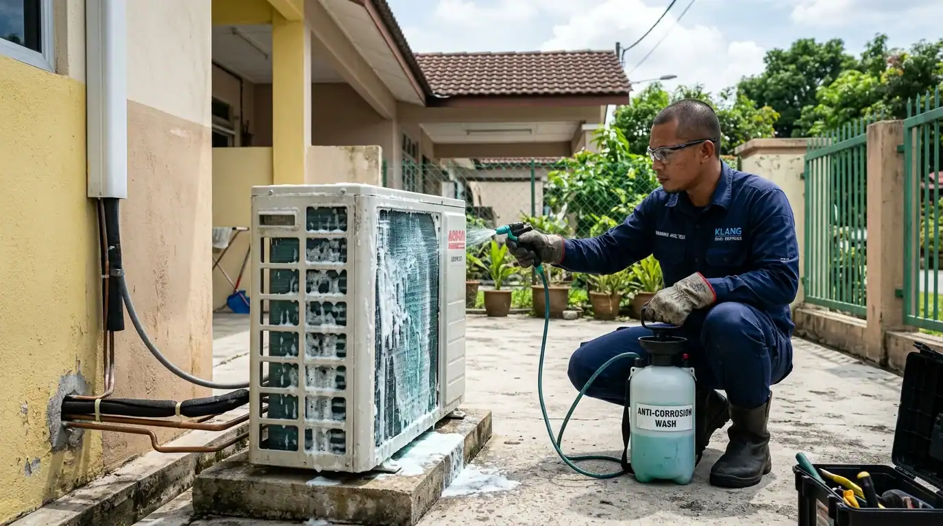 Juruteknik menyembur cecair pelindung anti-karat pada sirip kondenser luaran bagi menahan kelembapan pesisir laut Klang