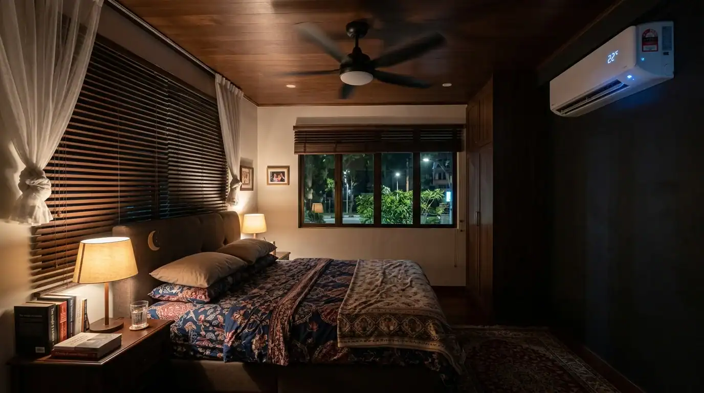 Bilik tidur selesa pada waktu malam dengan peredaran udara lembut kipas siling bersama aircond