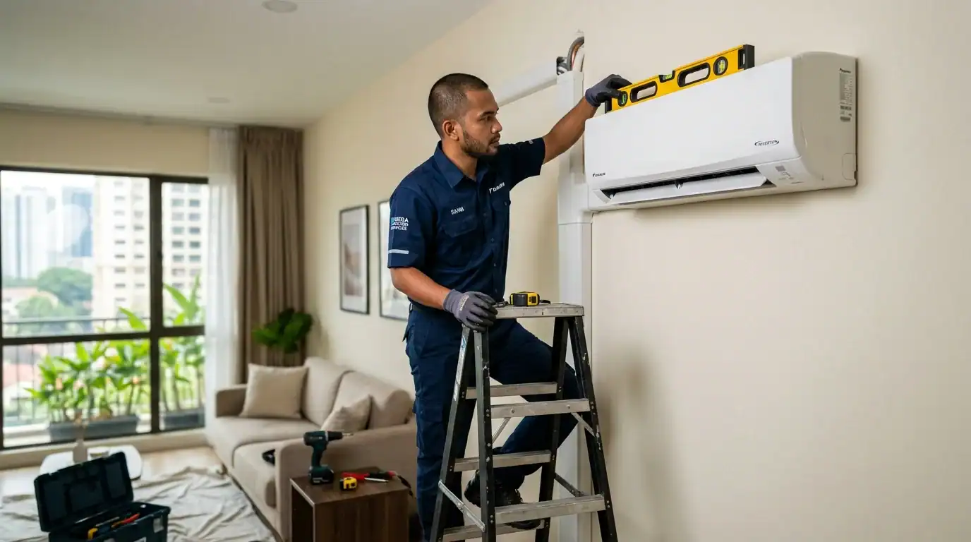 Juruteknik mengukur aras penimbang air semasa memasang unit fancoil baharu dengan paip trunking terlindung